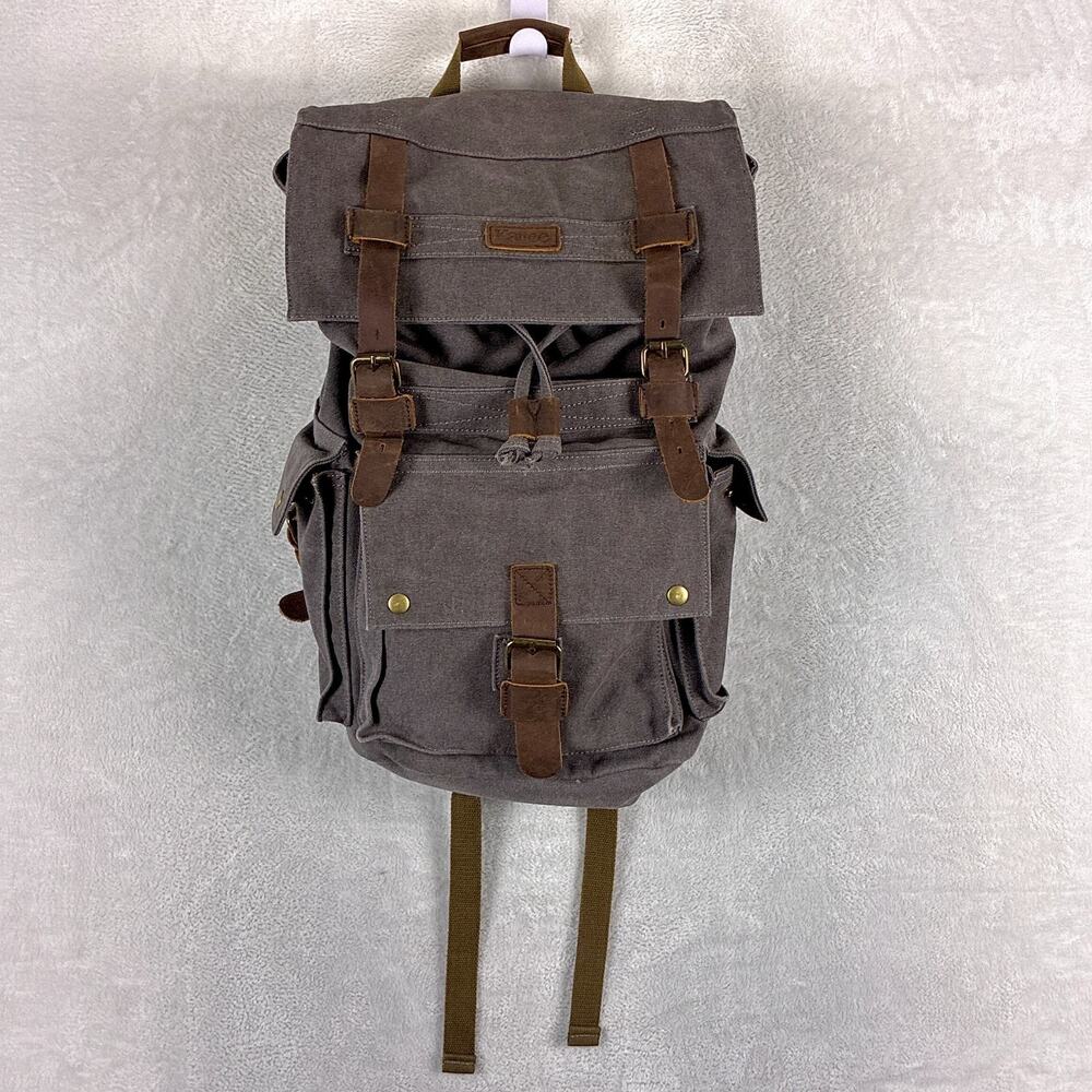 Kattee Backpack Gray Canvas Leather Rucksack Utility Outdoors Hiking Y2K